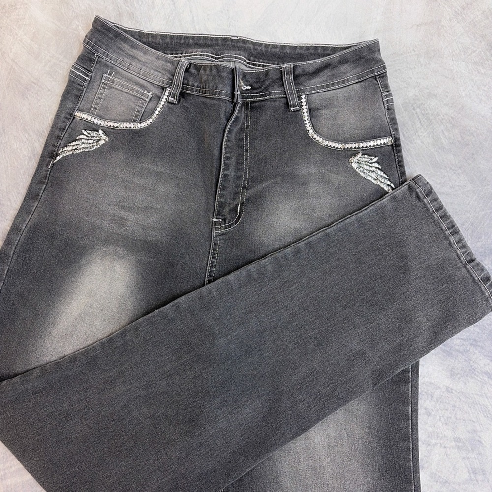 KLT Jeans Women XXL Grey‎ Skull Wing Rhinestone Embellished Y2K Style (sz10-12)